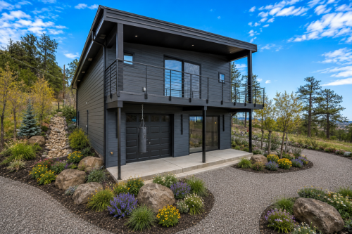 Charcoal gray carriage house with deck and garage